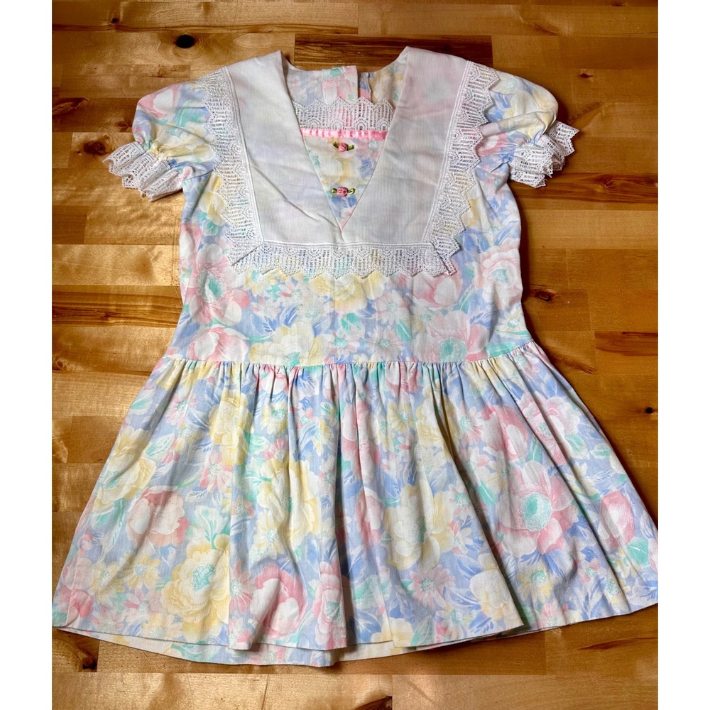 Evy Floral Lace Bib Dress Kids 6X Pastel Pink Blue Vintage Excellent Cottagecore